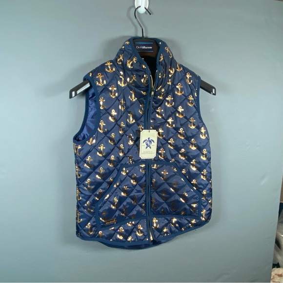 Simply Southern NWT Womens Size Small Full Zip Anchor Print Vest Navy Blue Gold - Picture 2 of 10